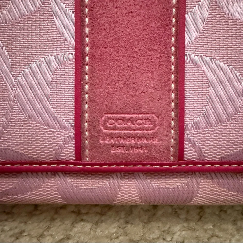 COACH Pink Signature C Monogram Canvas French Flap Bifold Wallet Suede Strap Y2K - Picture 2 of 6